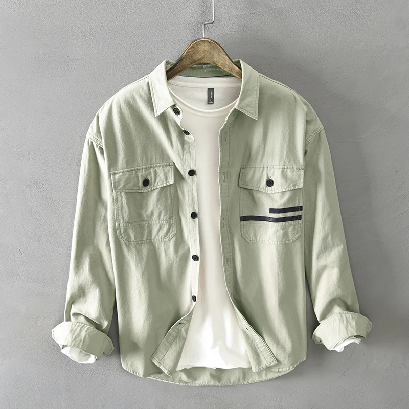 Spring Autumn Fashion Men Shirts Long Sleeve Cotton Casual Shirt Printed Designer Vintage Camisa Masculina Mutli Pockets Overall