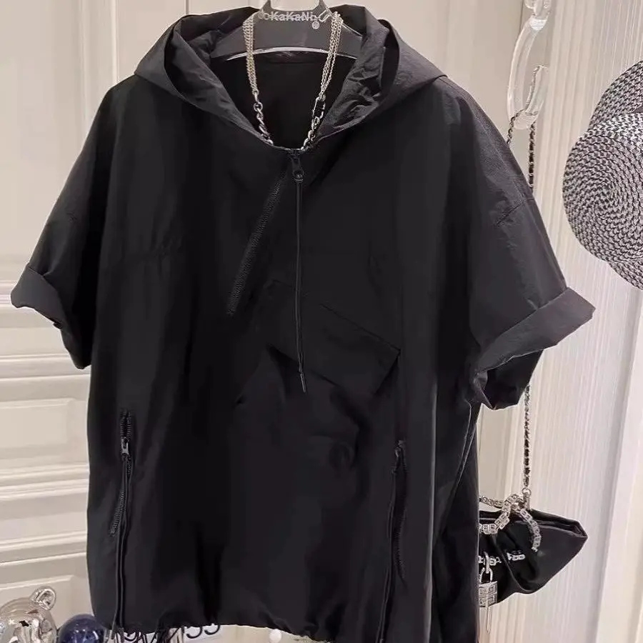 Summer Zippered Pocket Short Sleeve Men Hooded T Shirts Fashion Irregular Harajuku Hip Hop Punk 3xl Oversized Streetwear Black