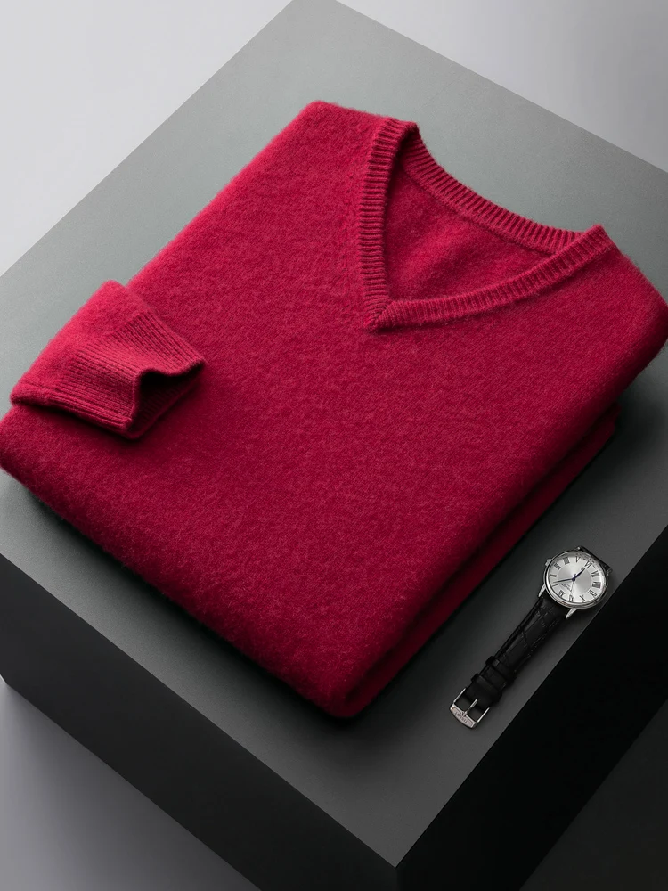 Men's 100% Pure Cashmere Sweater Knitted Long Sleeve High-End Tops V-Neck Pullover Winter Youth Wild Middle-Aged Warm Jumper
