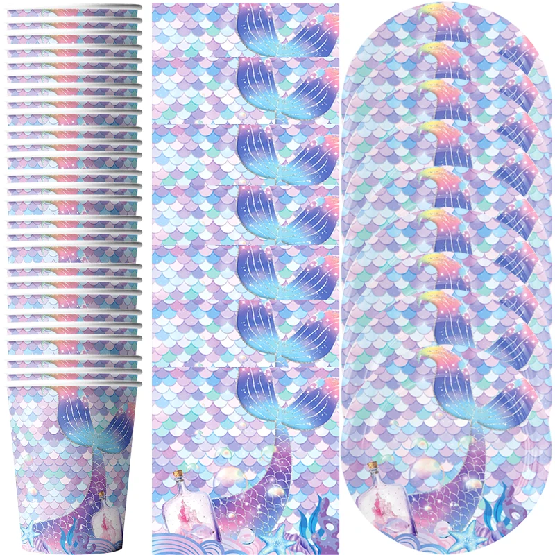 

60pcs/lot Little Mermaid Theme Cups Plates Napkins Kids Girls Favors Decorations Tableware Set Birthday Party Events Supplies
