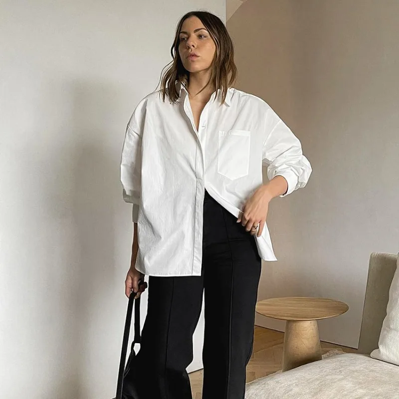 

2023 модная однобортная Свободная белая блузка для женщин, элегантные женские рубашки с длинным рукавом, повседневные офисные женские блузки и топы 28679