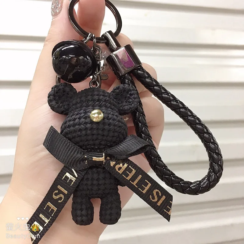 Cute Bear Key Chain Resin Bow Bell Rabbit Keychain Weaving Fashion Doll Bag Pendant Holiday Car Key Ring For Girls Gift