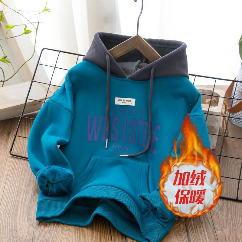 Kids Hoodie Sweatshirts Autumn Winter Boys Hoodies Solid Color Letter Print Lining Plush Thick Warm Casual Pullover For 4-14Y Kids Handsome Sweatshirt
