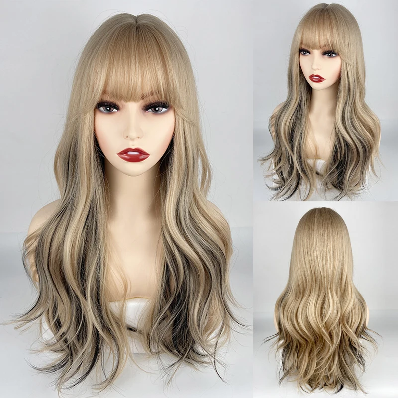 URCGTSA Long Wavy Black Blonde Synthetic Wig Ombre Blonde Wig With Fluffy Bang Women Natural Heat Resistant Fiber Hair Wig