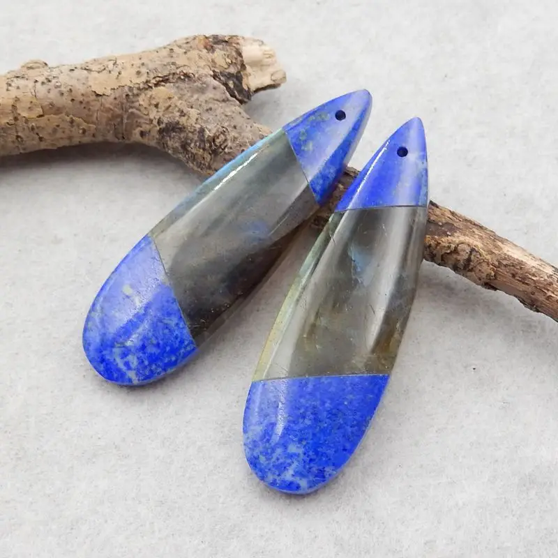 Natural Stone Labradorite Lapis Lazuli Beauty Jewelry Women Earrings Accessories 42x13x5mm 9.8g