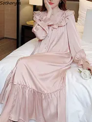 Kawaii Nightgowns Women French Style Vintage Female Long Sleeve Sleepwear Elegant Ruffles Summer Comfortable Hot Sale Mew Midi