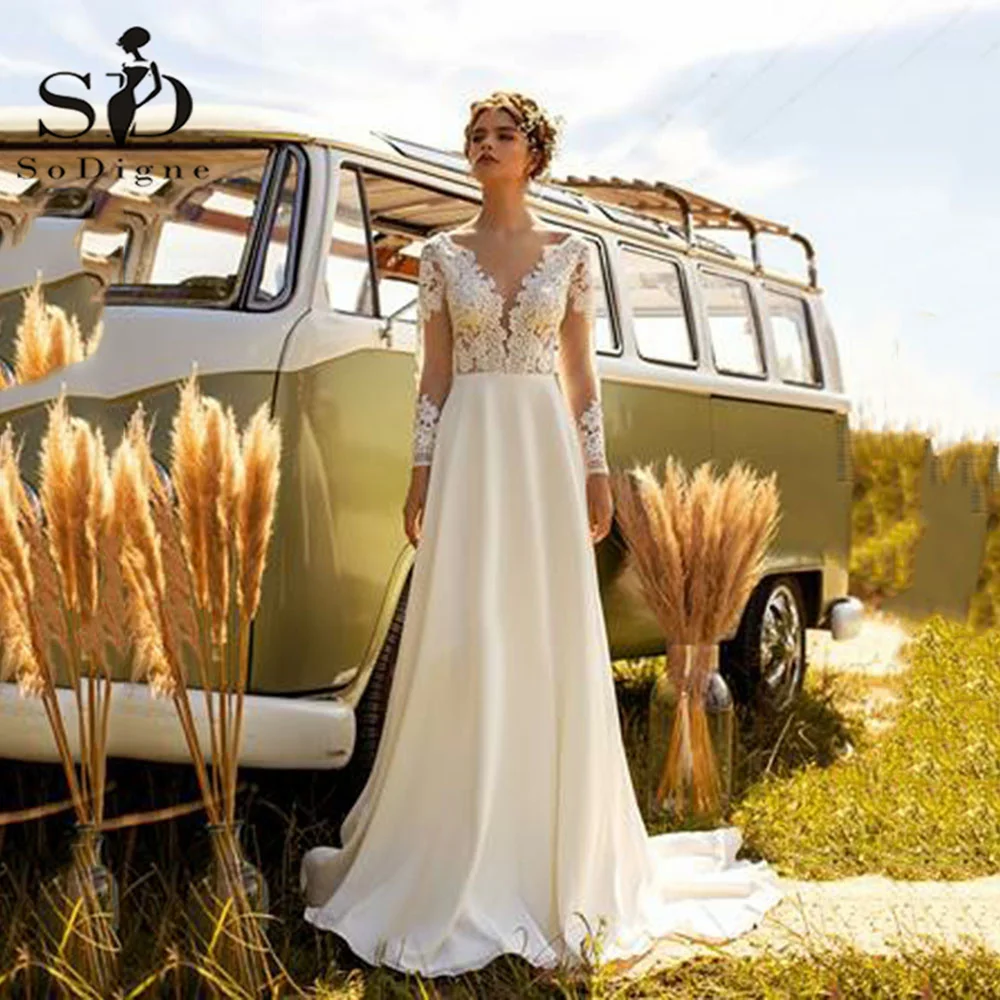 

SoDigne Elegant Long Sleeves Lace Appliques Wedding Dresses V-Neck Satin A-Line Boho Vestido De Novia Bridal Gown For Women