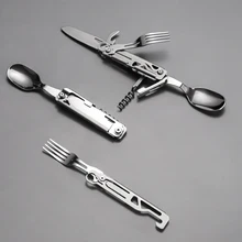420 Stainless Steel Pocket Knife Multi-tool Portable Fork Spoon Outdoor Survival Camping Folding Knife Detachable Hand Tools