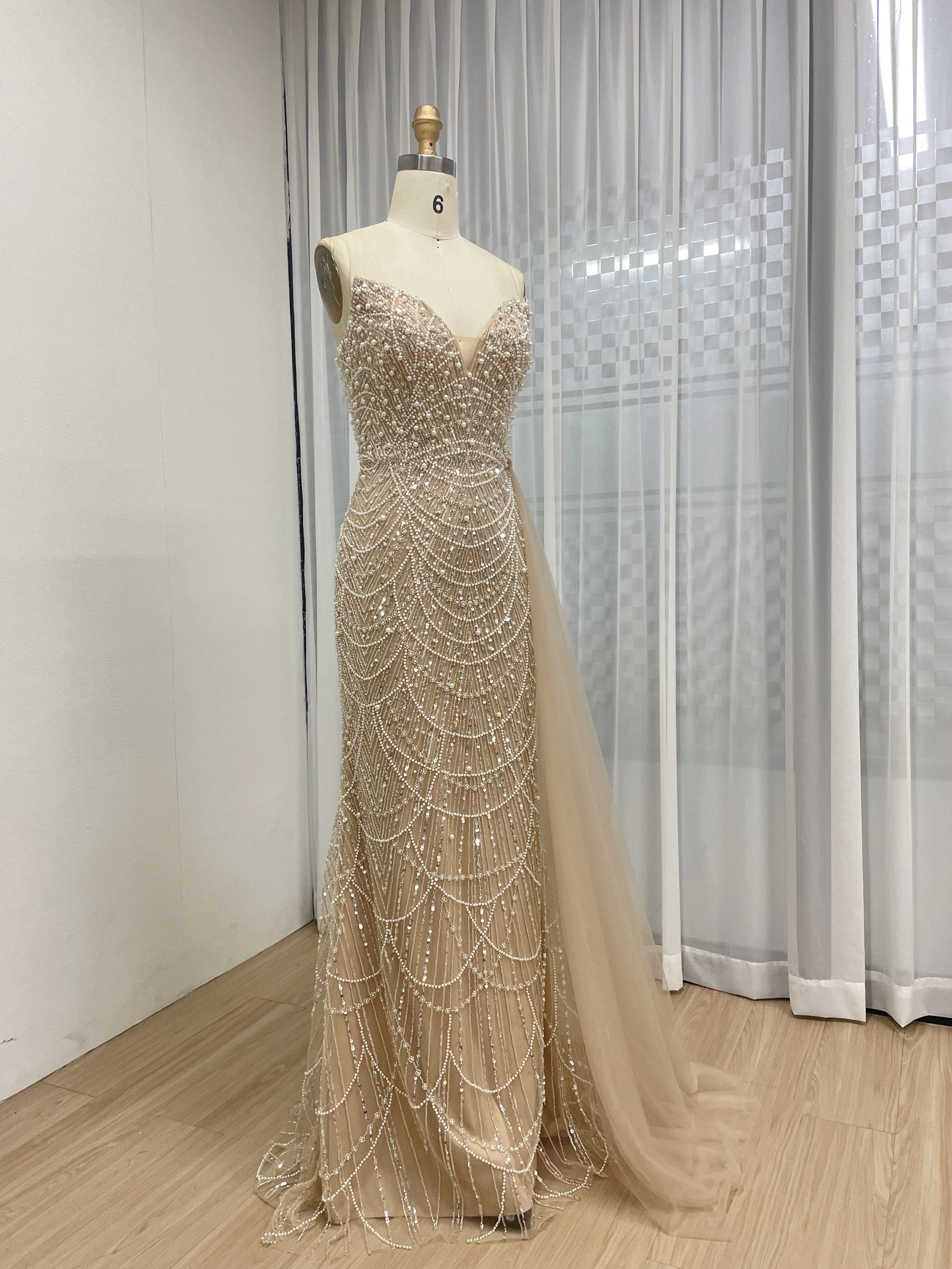 MYMB Luxus Champagner Perlen Meerjungfrau Elegante Abendkleider Kleider mit Sheer Überrock Zug für Frauen Brautkleider MB40372 – Detail 8