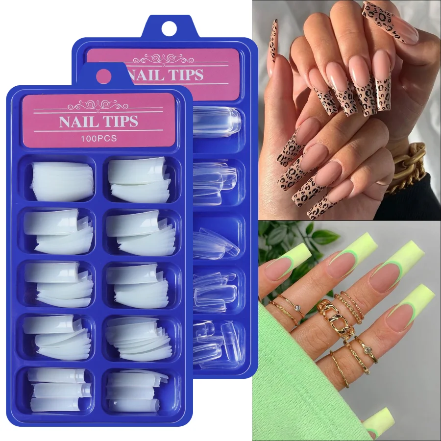 

100Pc Transparent/Natural False Nail Press on Nails Acrylic Extension Coffin Forms Nail Tips Gel Nail Polish Artificial Nail Set