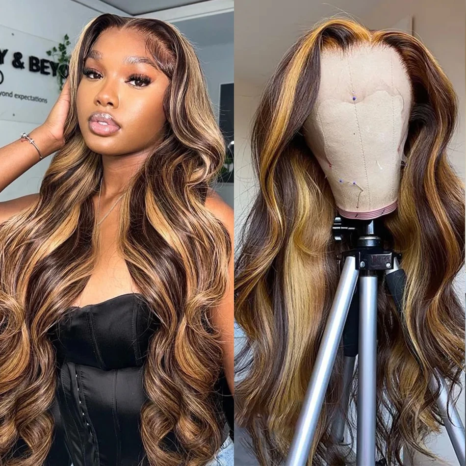 30 inch Highlight Ombre Body Wave 13x6 Lace Front Human Hair Wigs Remy Hair 180% 13x4 Water Wave Lace Frontal Wig For Women