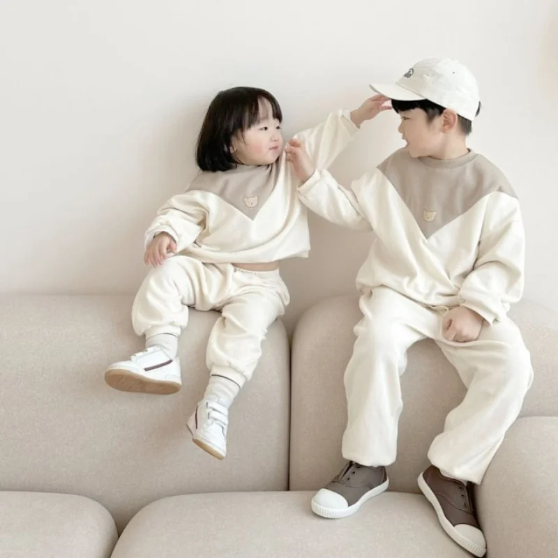 

Autumn Girls Long Sleeve Tracksuits Boys School Outfits Knitting Korean Toddler Pullovers Cotton Tops + Pants Kids Clothing Set