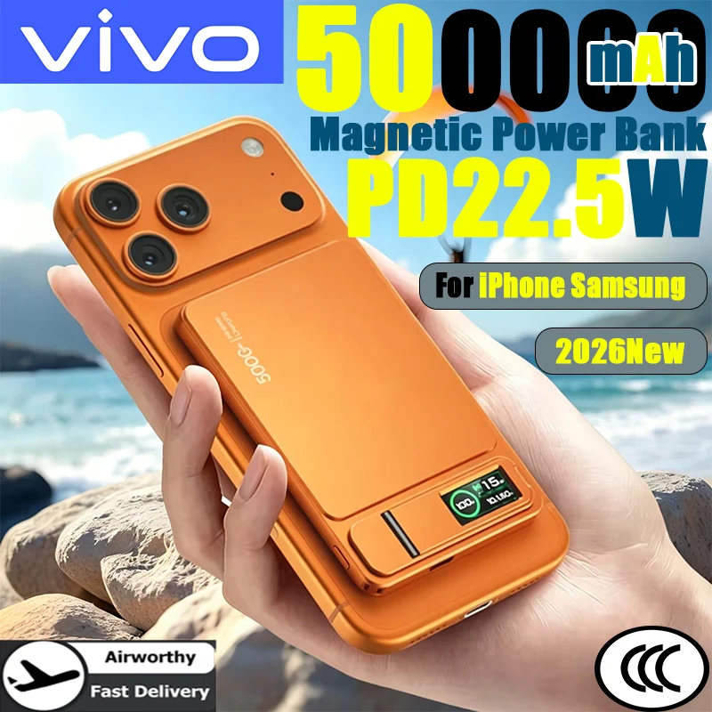 VIVO 500000mAh Magnetic Wireless PowerBank Portable Power Bank Slim Original for iPhone 17/16/15/14 For MagSafe External Battery