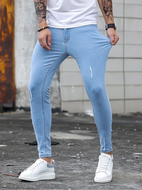 Streetwear Ripped Skinny Jeans Men Light Blue Stretch Wash Denim Trouser  Mens Casual Slim Fit Pencil