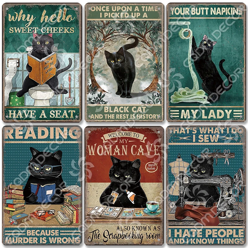 Vintage Tin Sign - Cat Before Coffee I Hate Everyone Retro Metal Wall Decor 12x8