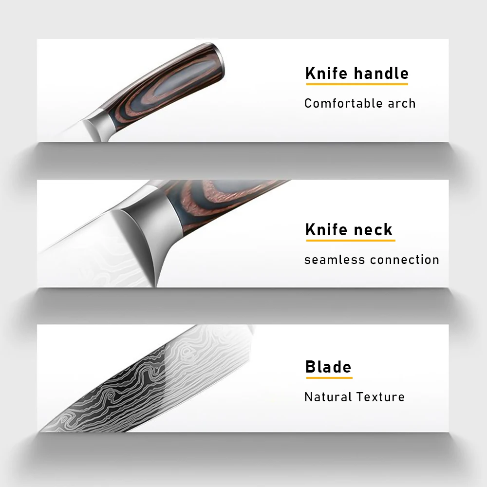 5-teiliges Küchenmesser-Set mit Imitiertem Damastmuster, Edelstahlmesser mit Pakkaholzgriff, Professionelle Kochmesser für die Heimküche – Detail 10