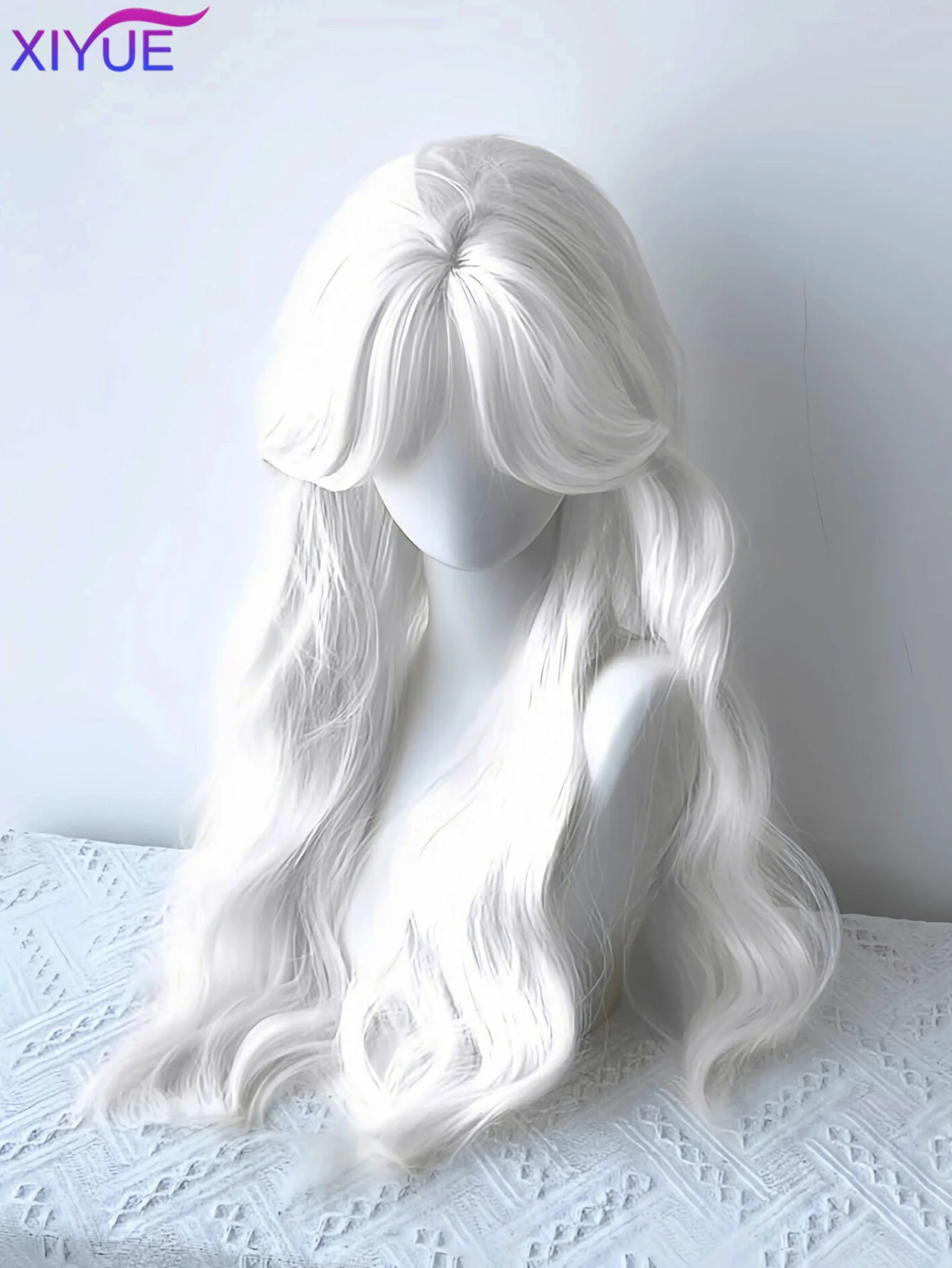 Long Water Wave Wig with Bangs White Colorful Cosplay Silky Wig for Women Daily Party Natural Soft Synthetic Hair Heat Resistant