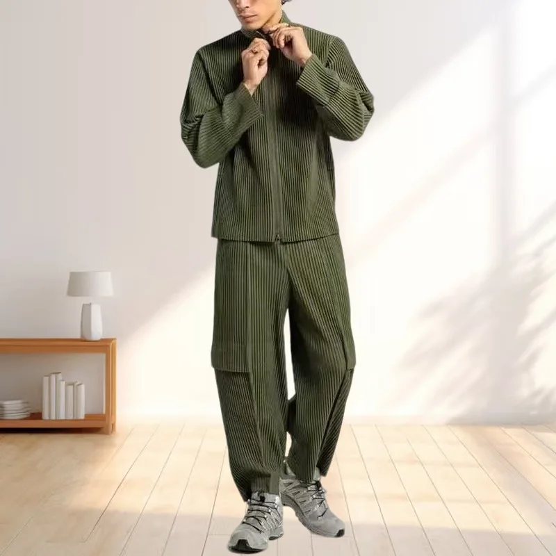 Miyake Wardrobe Pleated Men's Jacket Casual Jacket Loose Long Sleeve Zipper Top Minimalist Personality Stretch Work Pants Set
