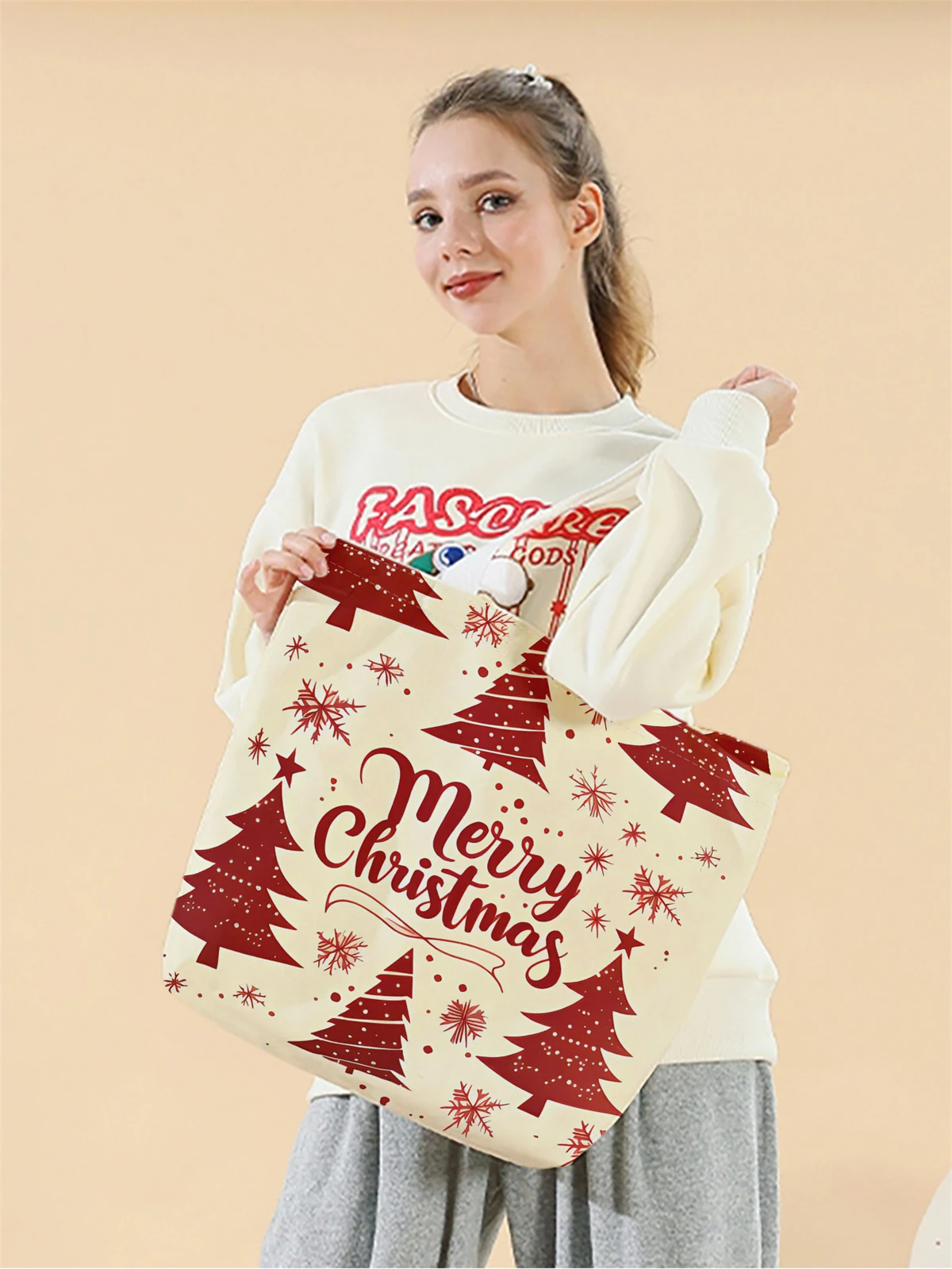 1pc,Christmas graffiti handbag, reusable fashionable handbag, multifunctional handbag, printed canvas shopping bag