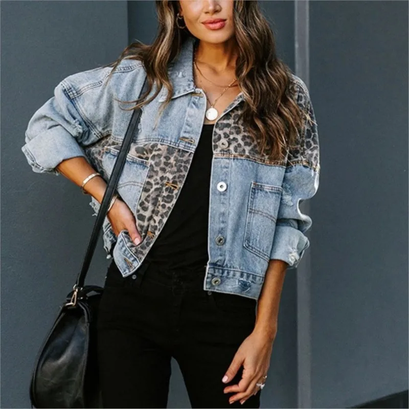 Leopard Stitching Denim Jacket Women Coat Fashion Female Outerwears Long Sleeve Lapel Button Down Chest Pocket Female Tops 5