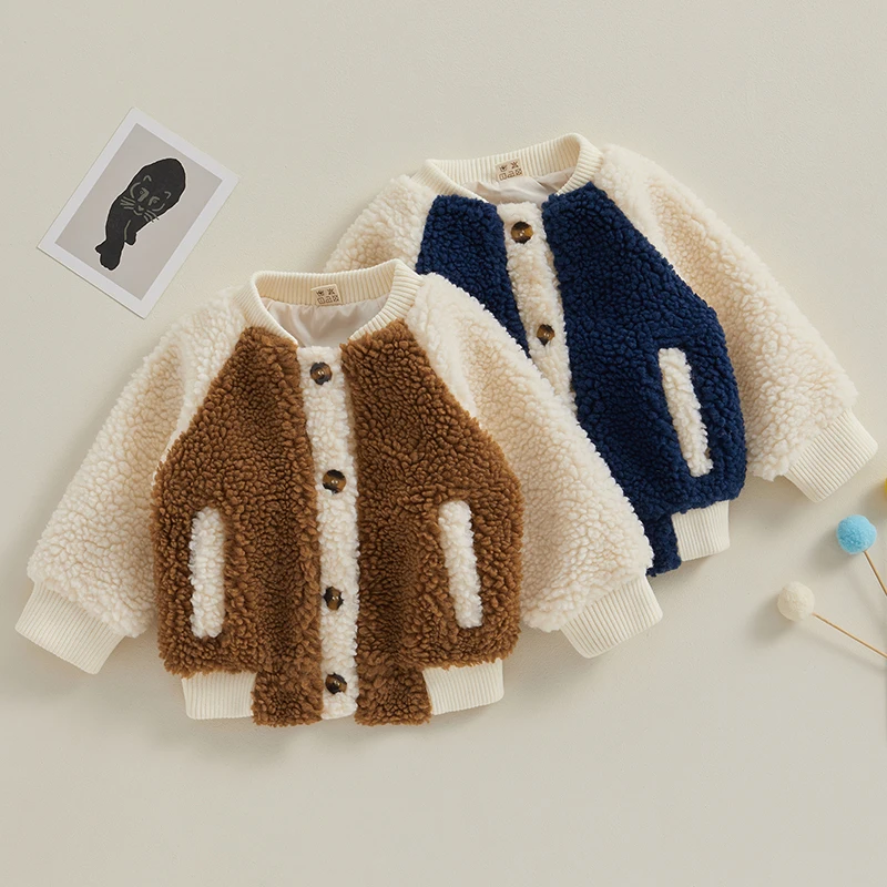 FOCUSNORM 0-4Y Autumn Winter Toddler Baby Boys Fleece Coat Contrast Color Long Sleeve Button Cardigan Jacket Outwear