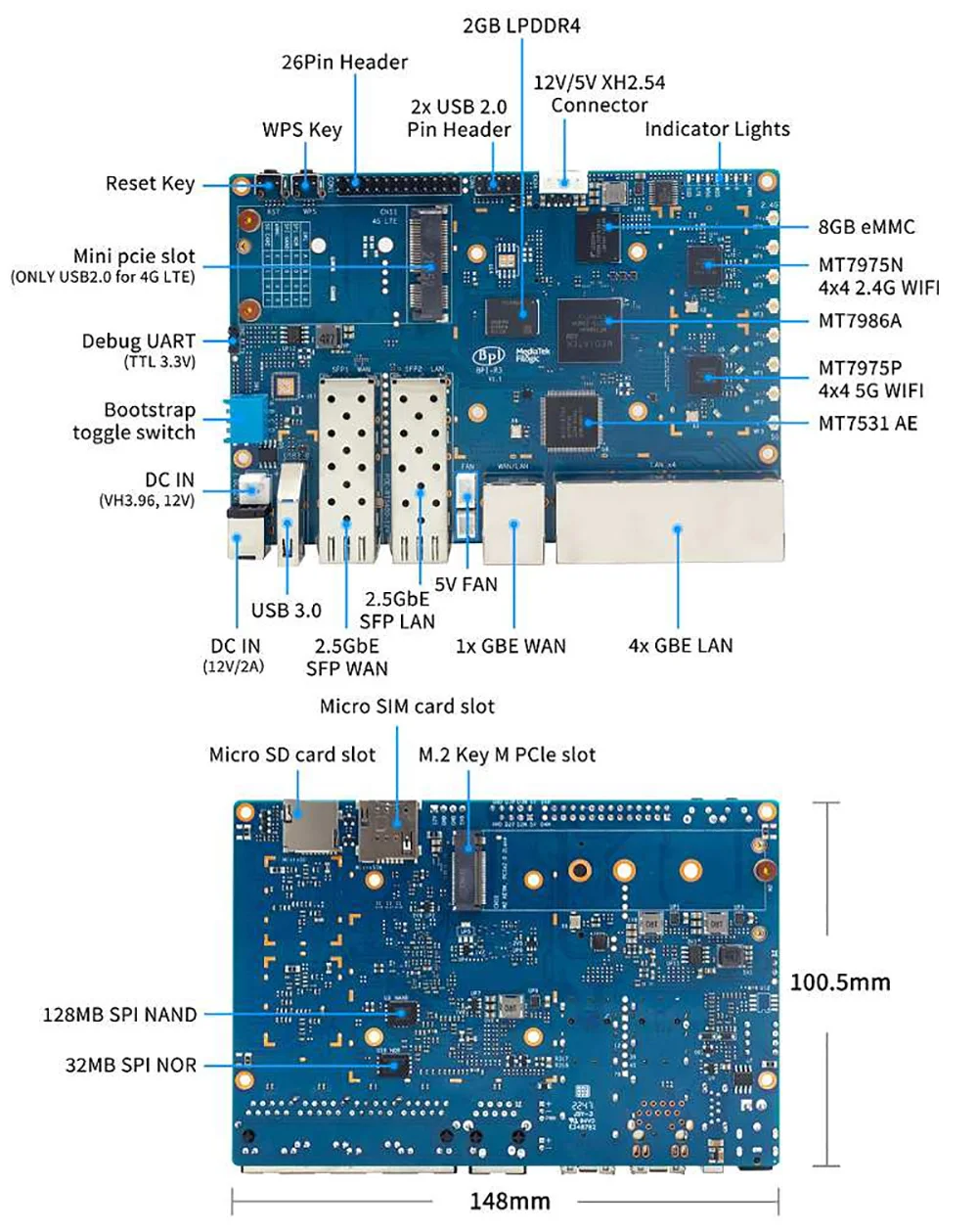Banana Pi BPI R3 Router Filogic 830 Development Board Quad Core MediaTek MT7986