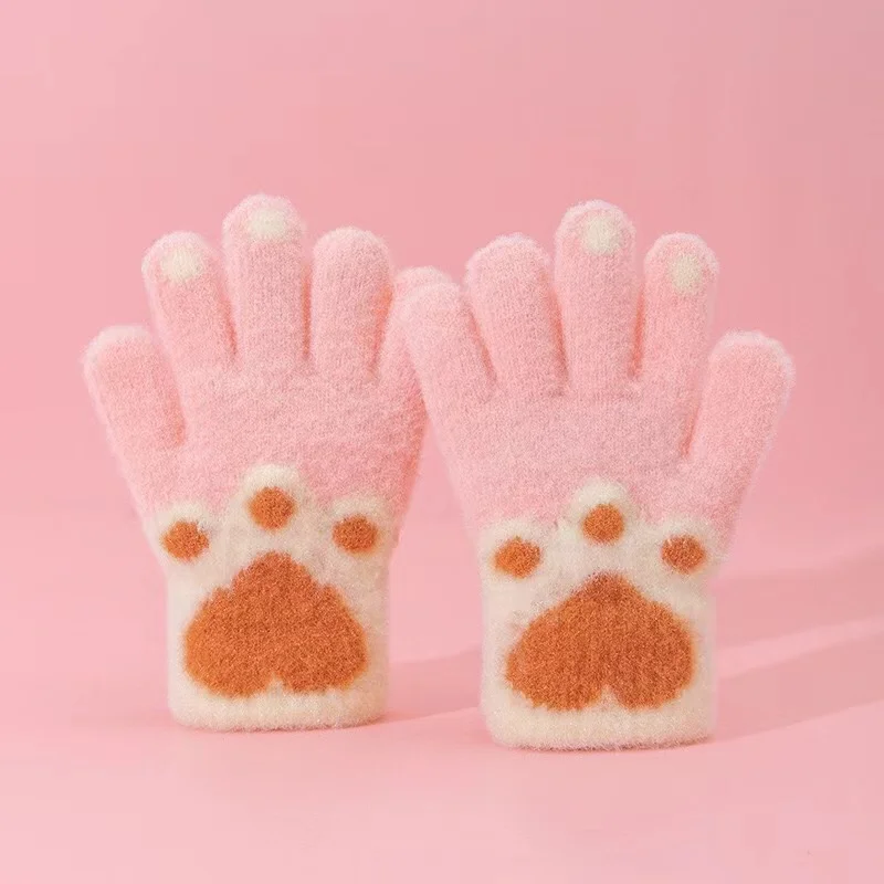 Cute Furry Kitten Glove for Kids Boy Girl Fashion Cartoon Cat Paw Children Glove Autumn Winter Thicken Plush 1 Pair