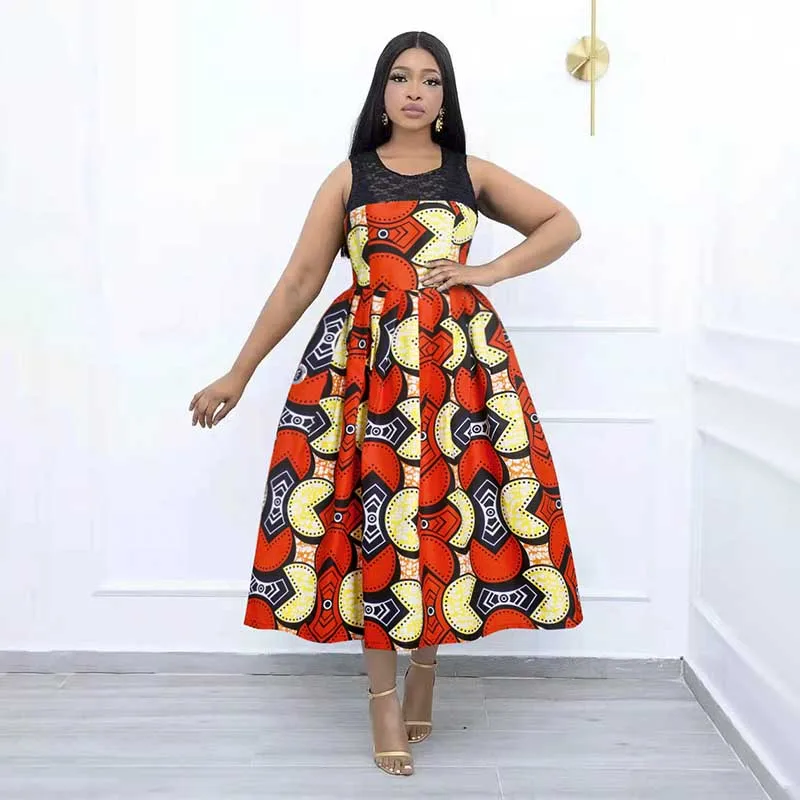 african attire for women Women Printed Sleeveless Dresses 2022 Summer Lace Splice A Line Dress Elegant Lady Evening Party Robes Vestidos African Clothes african outfits for women