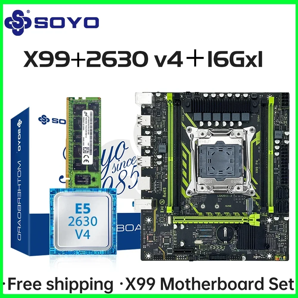 SOYO Motherboard Set X99, LGA2011-3 Xeon E5 2630 V4 CPU DDR4 16GB 1x16GB 2133MHz RAM NVME M.2 SATA Computer Accessory