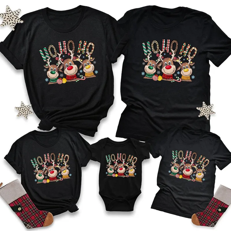 Oh Oh Oh Ropa navideña familiar de renos Camiseta de manga corta de algodón rojo Conjuntos familiares a juego para madre, niños y padre