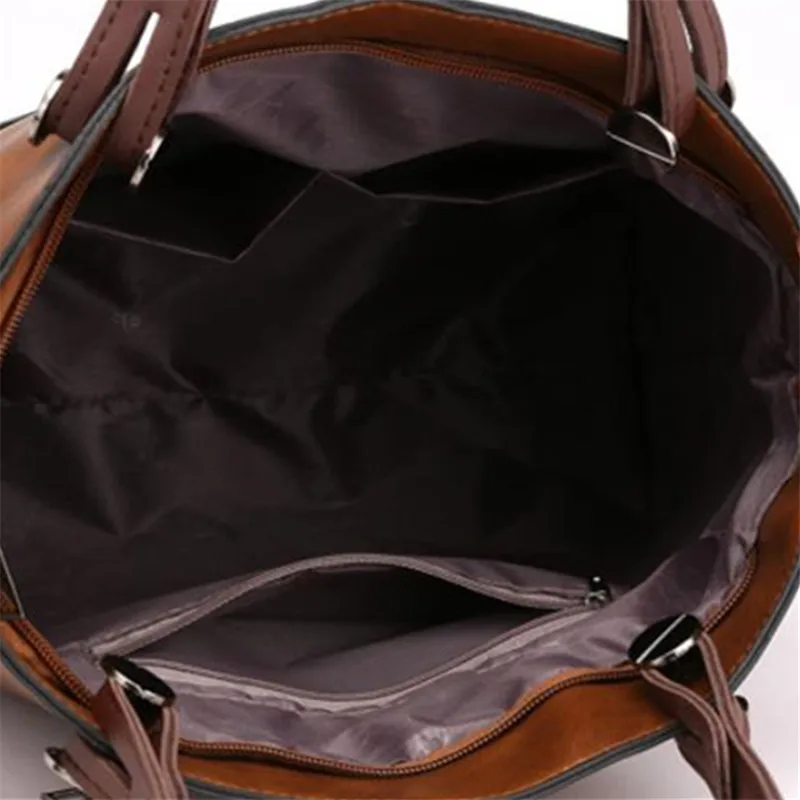 Retro leather handbag with two zipper pockets, versatile tote and crossbody style, classic women’s work and business bag.96659