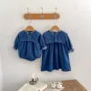 4383  Sister Clothes 2024 Autumn Korean Baby Girl's Jeans One Piece Clothes Cute Big Lapels Girl Denim Dress