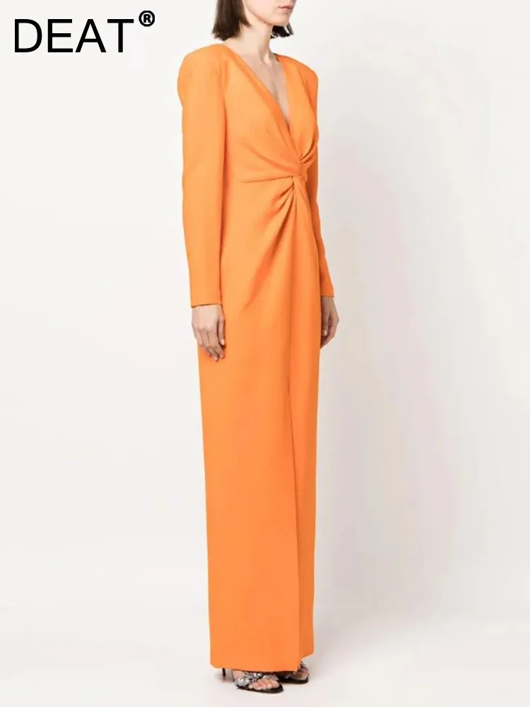 

DEAT Elegant Dress Deep V-neck Long Sleeve Slit Pleated Women's Customized Evening Party Dresses 2024 Spring New Fashion13DB4086