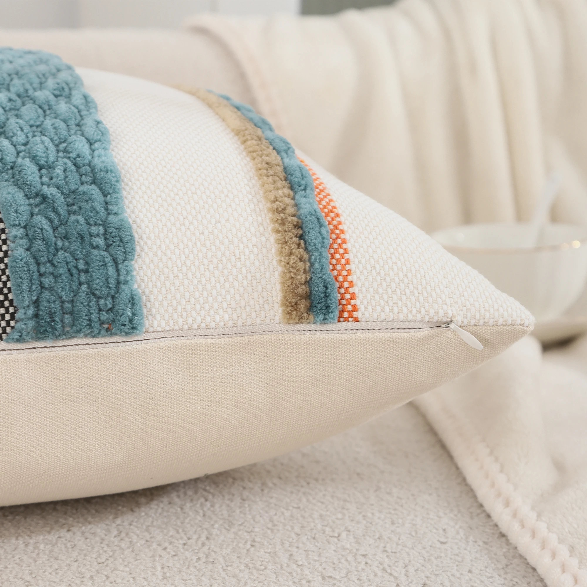 Boho Striped Chenille Throw Pillow Cover (18x18 Inch) - Decorative Square Cushion Cover