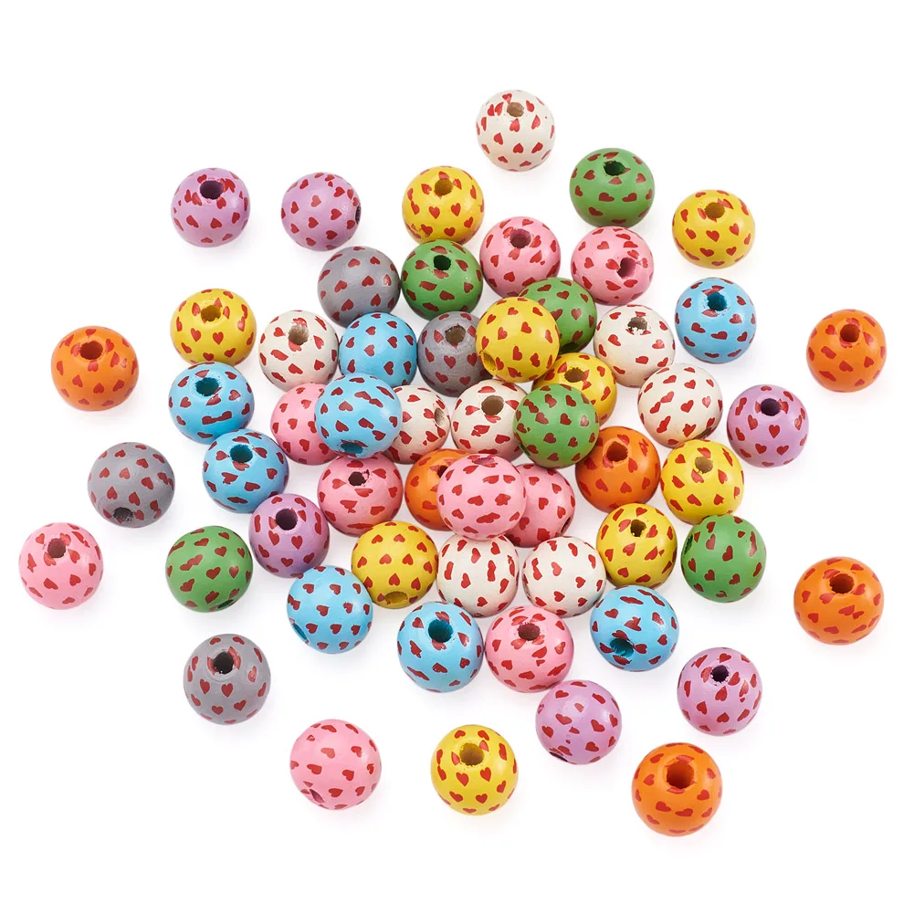 Kissitty 80Pcs Heart Pattern Printed Schima Wood Beads For DIY Handmade Jewelry Making Necklace Accessories