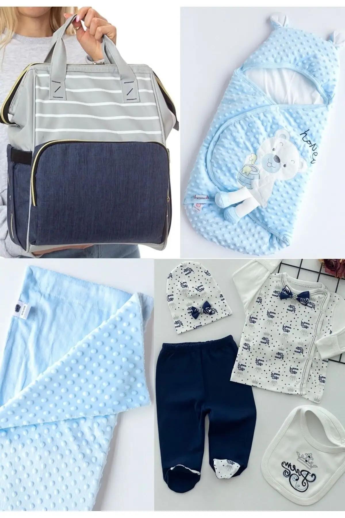 

4 Piece Large Birth Set (Baby Care Backpack, 100% Cotton Swaddle, Chickpea Blanket, Hospital Out) Cotton