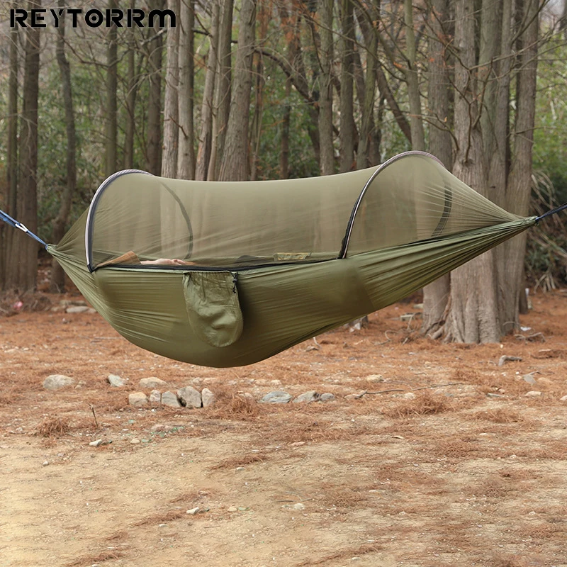 REYTORRM 250*120cm Outdoor Camping Nylon Hammock With Mosquito Net Single Double Automatic Quick-open Pole Mosquito Net Hammock