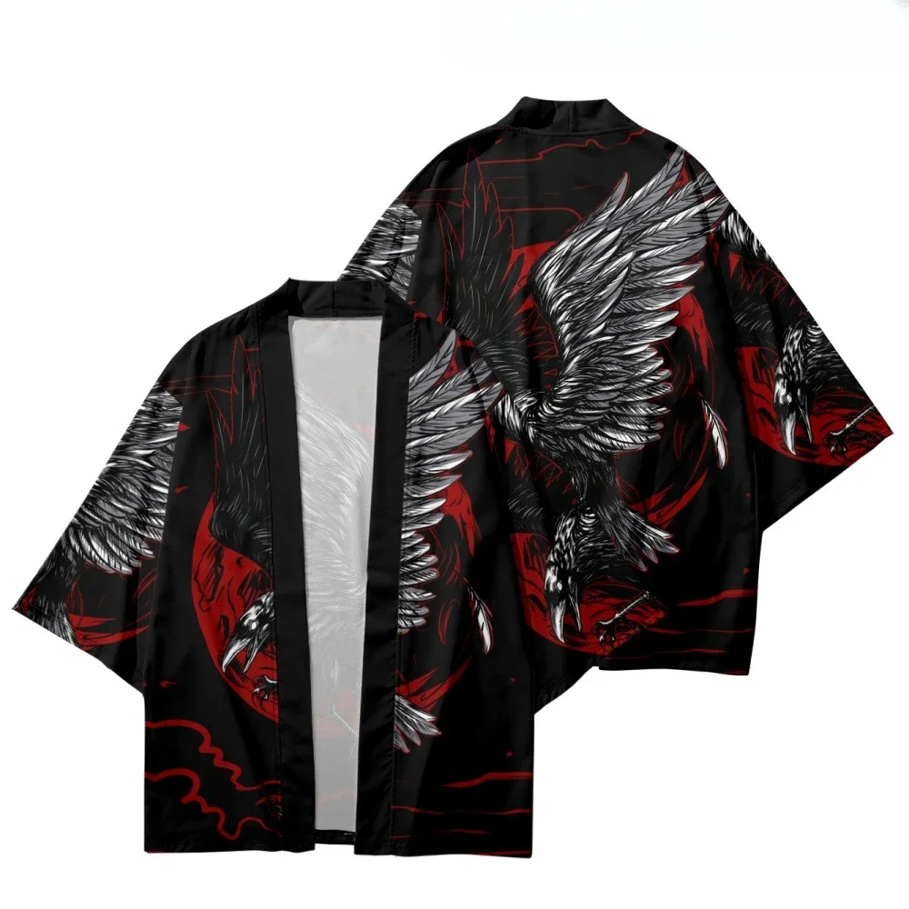 Fashion Crow Print Cardigan Kimono Harajuku Women Men Yukata Female Japanese Streetwear Traditional Haori Samurai Clothing Robe japanese kimono japanese kimono cardigan japanese kimono shirt