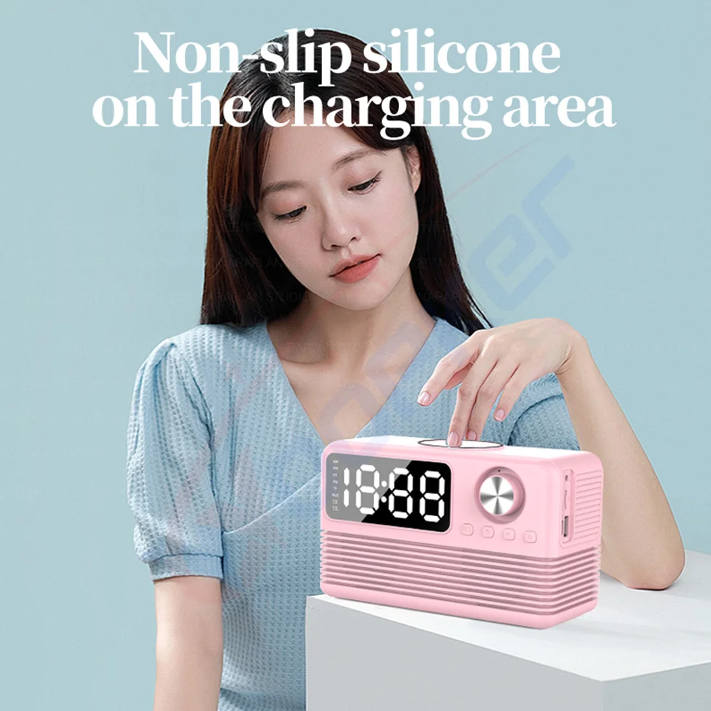 Wireless Charger Radio Time Alarm Clock LED Digital 15W Fast Charging Dock Stati