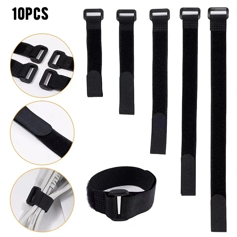 Black Reusable Nylon Self Adhesive Hook and Loop Cable Cord Ties Tidy Straps TV Organiser 45/60/80/100cm Length 2cm Width 10pcs