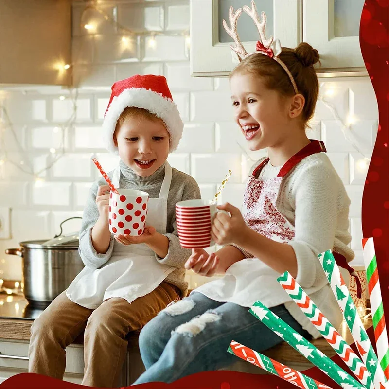 25PCS Christmas Kraft Paper Straw Disposable Colorful Print Straws Halloween New Year Party Decoration Home Table Decor Supplies
