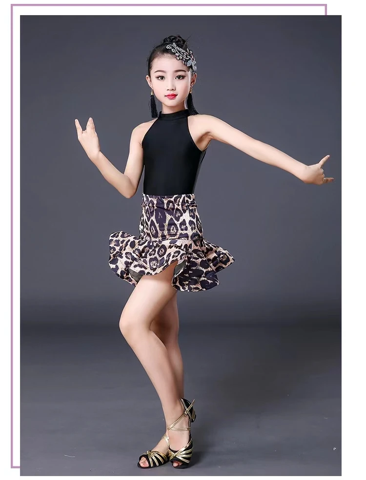 Children Professional Ballroom Latin Dance Dress For Girls Ballroom Dancing Dresses For Kids Leopard print top skirt samba tango