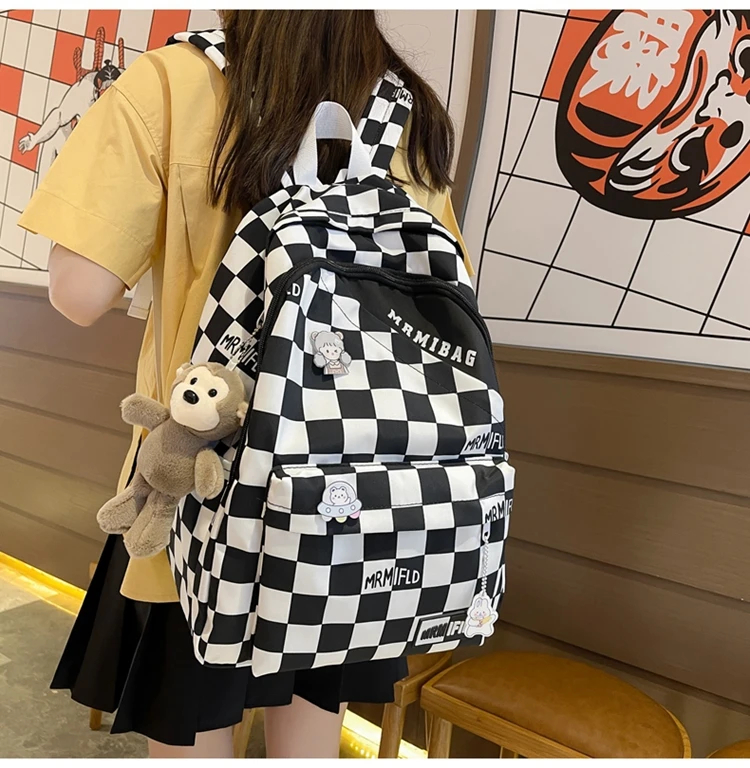 cool backpacks accessories	 Backpack high school female checkerboard color girl backpack sen department light college students backpack female INS cool everyday backpacks