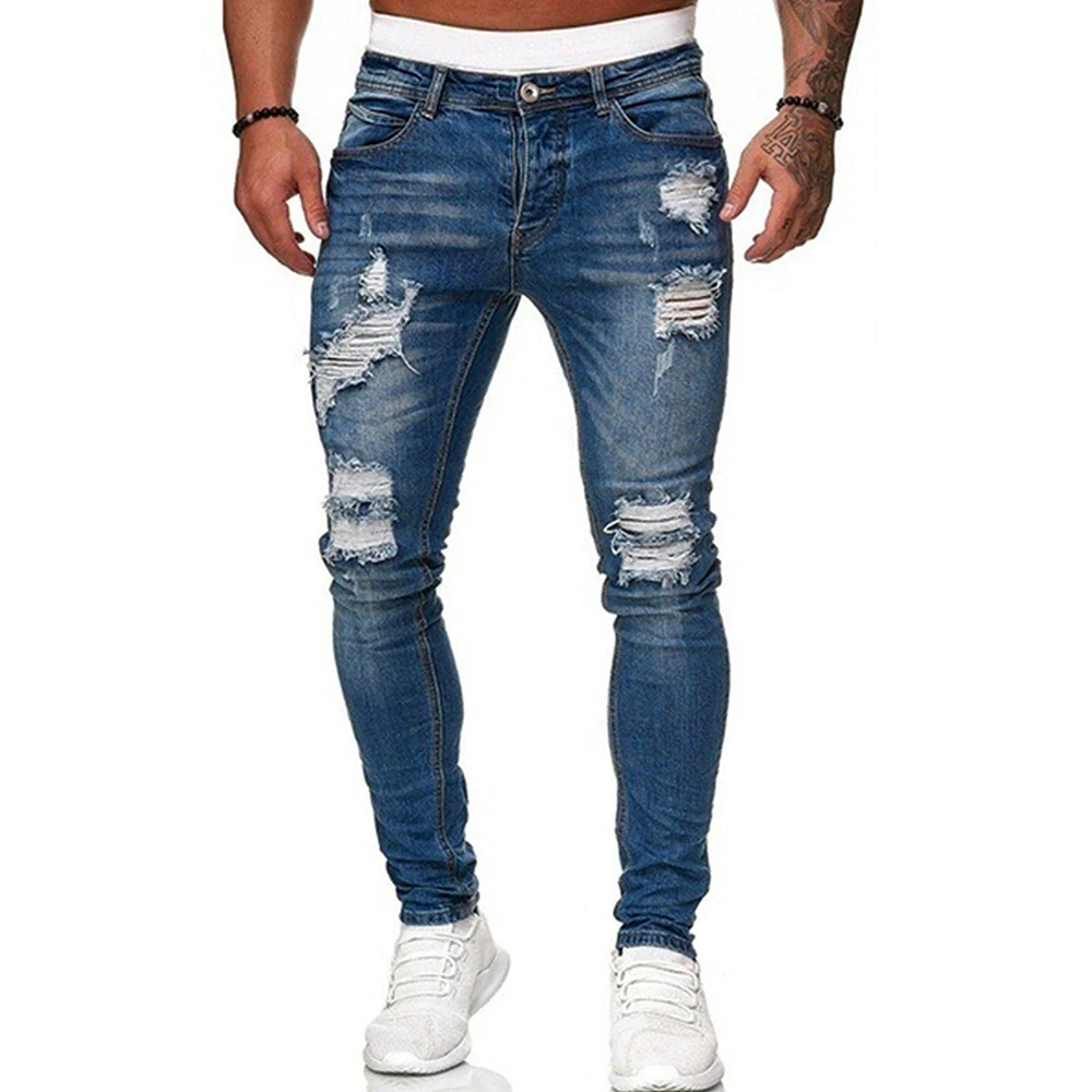 

Plus Size Men Ripped Jeans Fashion Street Style Skinny Jeans Trouser Casual Slim Fit Pencil Denim Cloth Pants Oversized Cotton