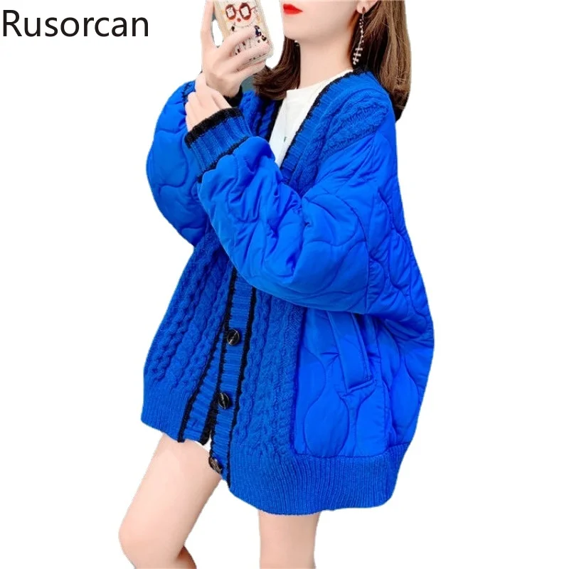 

Klein Blue Spliced Sweater Coat Women's 2023New Autumn/winter Loose and Lazy Style Thickened Knitted Cardigan Top Fashion Female