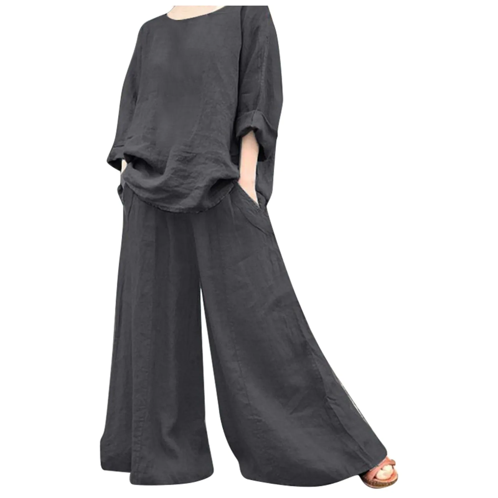 Women's Summer Fashion Casual Loose Solid Color Cotton Linen Shirt Long Sleeve Pants Set Two Piece Plaid Blazers for Women