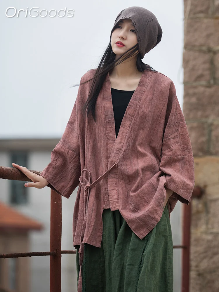 

OriGoods Oversized Kimono Shirt Women Vintage Loose Coat Tops Ramie Cotton Chinese Japan Style Zen Blouse Original Clothing B129