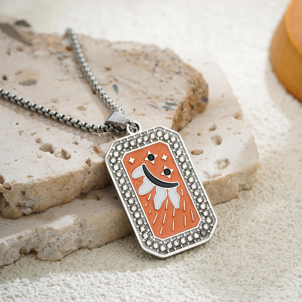 Silver Color Stainless Steel Square Tarot Card Palm Evil Eye Star Moon Sun Pendant Neckalce Zircon Unisex Punk Vintage Jewelry