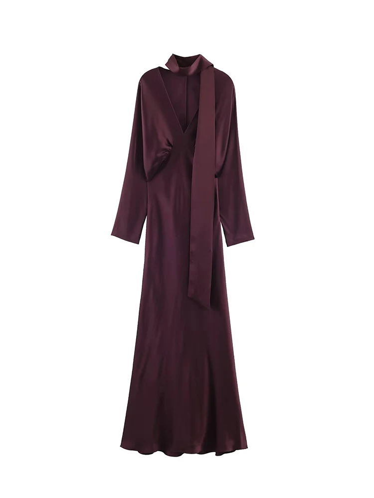 New Women Scarf Solid Elegant Dresses Spring V Neck Long Sleeve Fashion Sexy Club Long Dress Chic Slim Fit Female Clothing