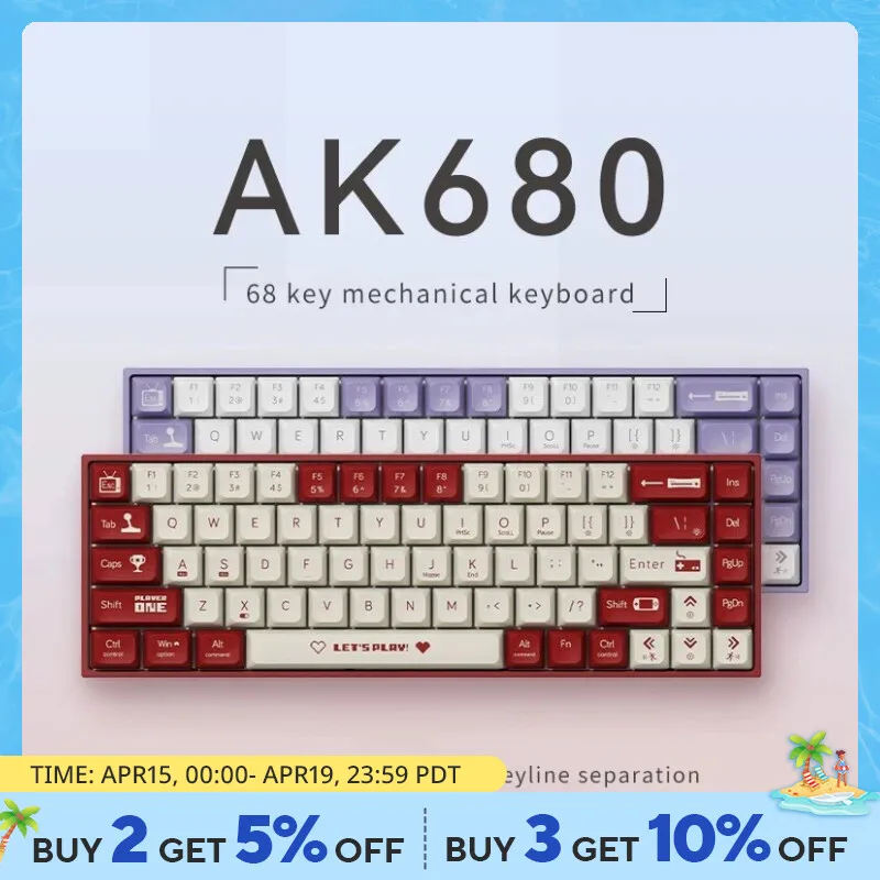 AJAZZ 기계식 키보드 게임용 유선 핫 스왑 컴팩트 노트북, 차 또는 레드 샤프트, 68 키, AK680 